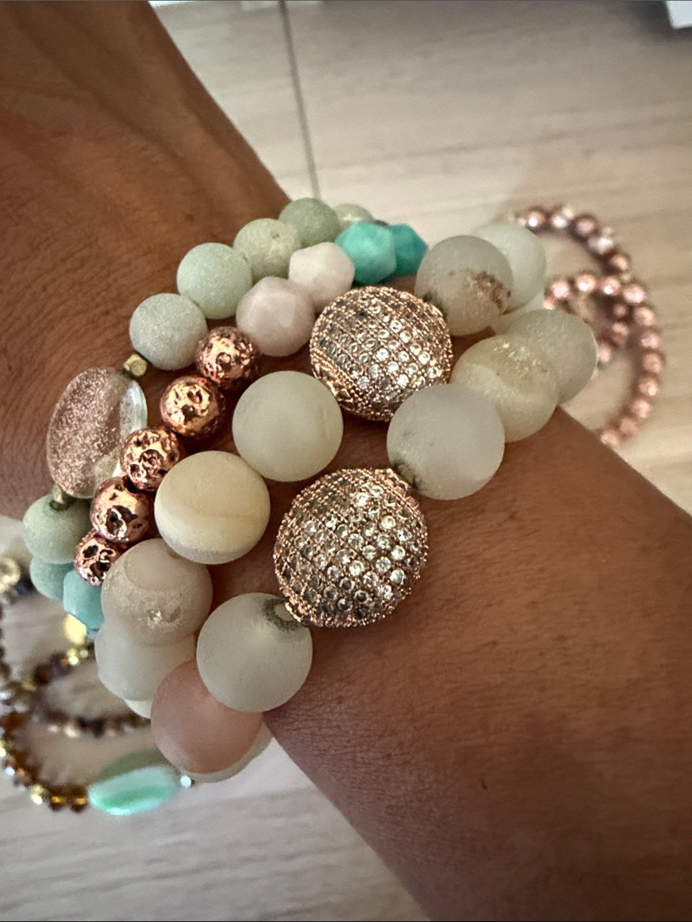 Stackable Mixed Beaded Bracelet Set in Mint, Red and Rose Gold Tones - Picture 4 of 4
